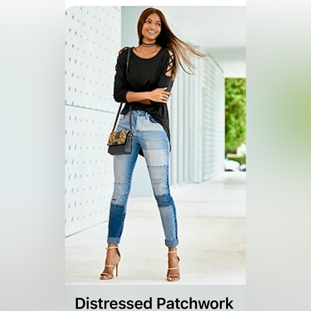 Venus Women's Blue Distressed Patchwork Jeans